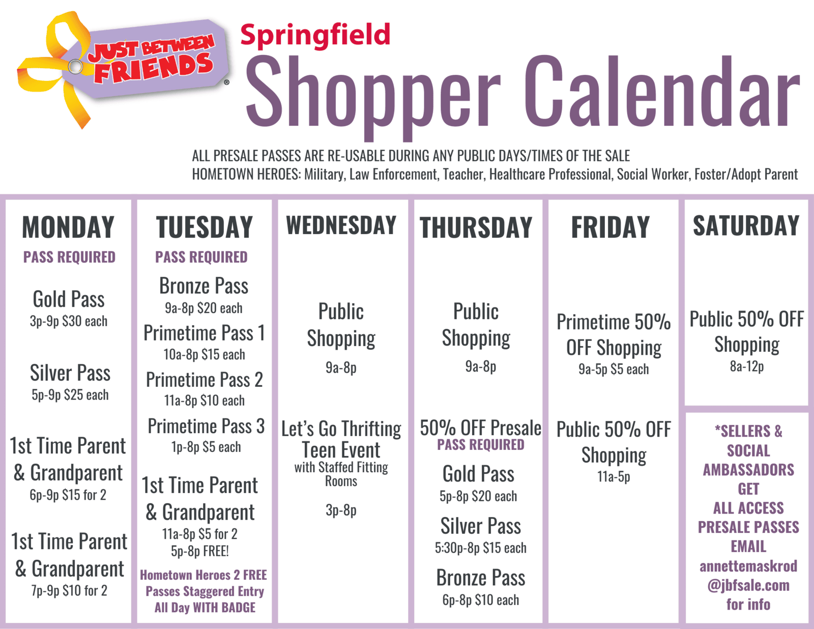Graphic of sale calendar.  Contact Annette at 417-425-7329 and she will go over it with you.