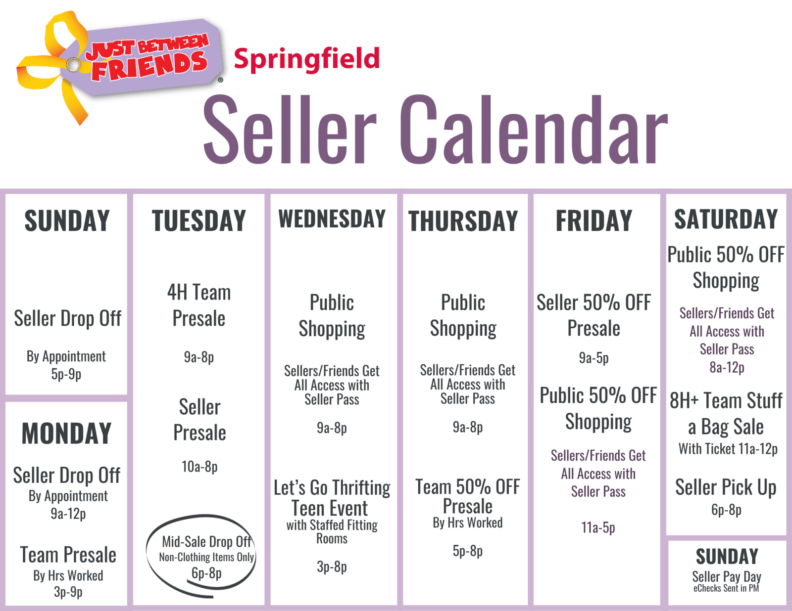 Graphic of full sale calendar.  Call Annette at 417-425-7329 so that she can go over it with you.
