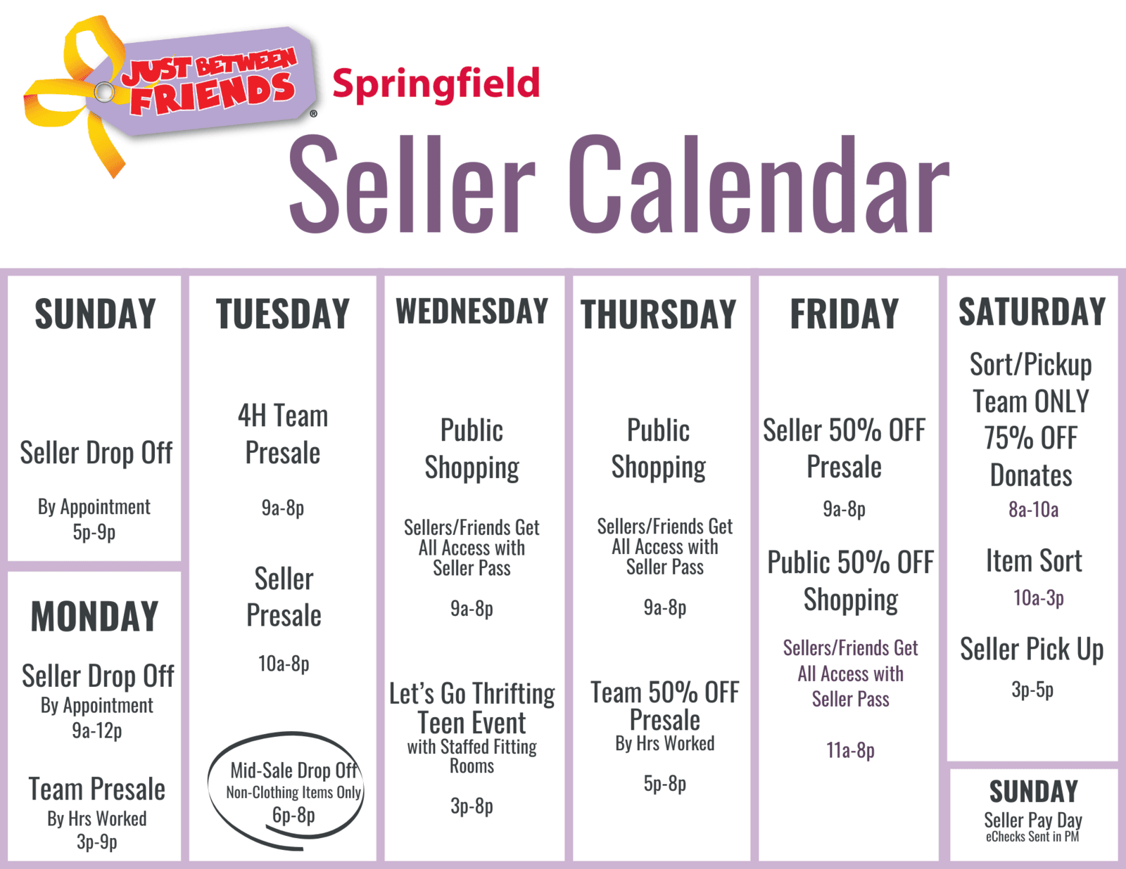 Graphic of full sale calendar.  Call Annette at 417-425-7329 so that she can go over it with you.