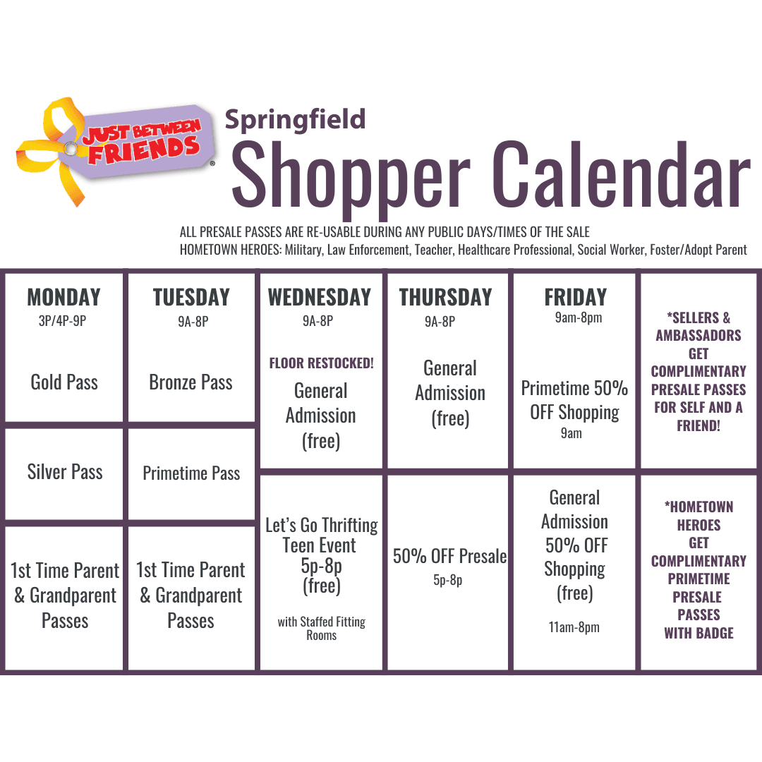 Graphic of sale calendar.  Contact Annette at 417-425-7329 and she will go over it with you.