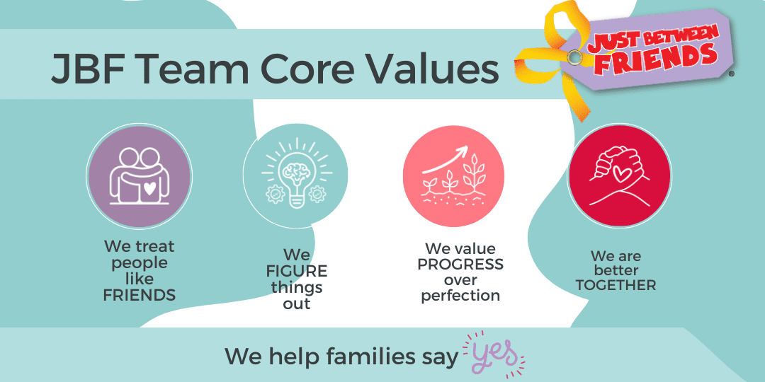 Picture of JBF core values. Value #1: We treat people like friends. Value #2: We figure things out. Value #3: We value progress over perfection.  Value #4: We are better together. 