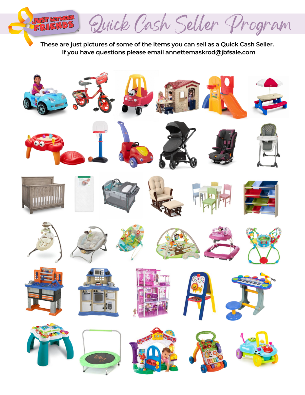 Items that qualify for quick cash: any large items, toys, furniture, or baby equipment.  You will be paid 25% of the Amazon retail value of the item.  You can be paid by eCheck within 24 hours of drop off OR with JBF bucks that you can spend at the sale.  All quick cash participants also get a presale pass and a 50% off presale pass.