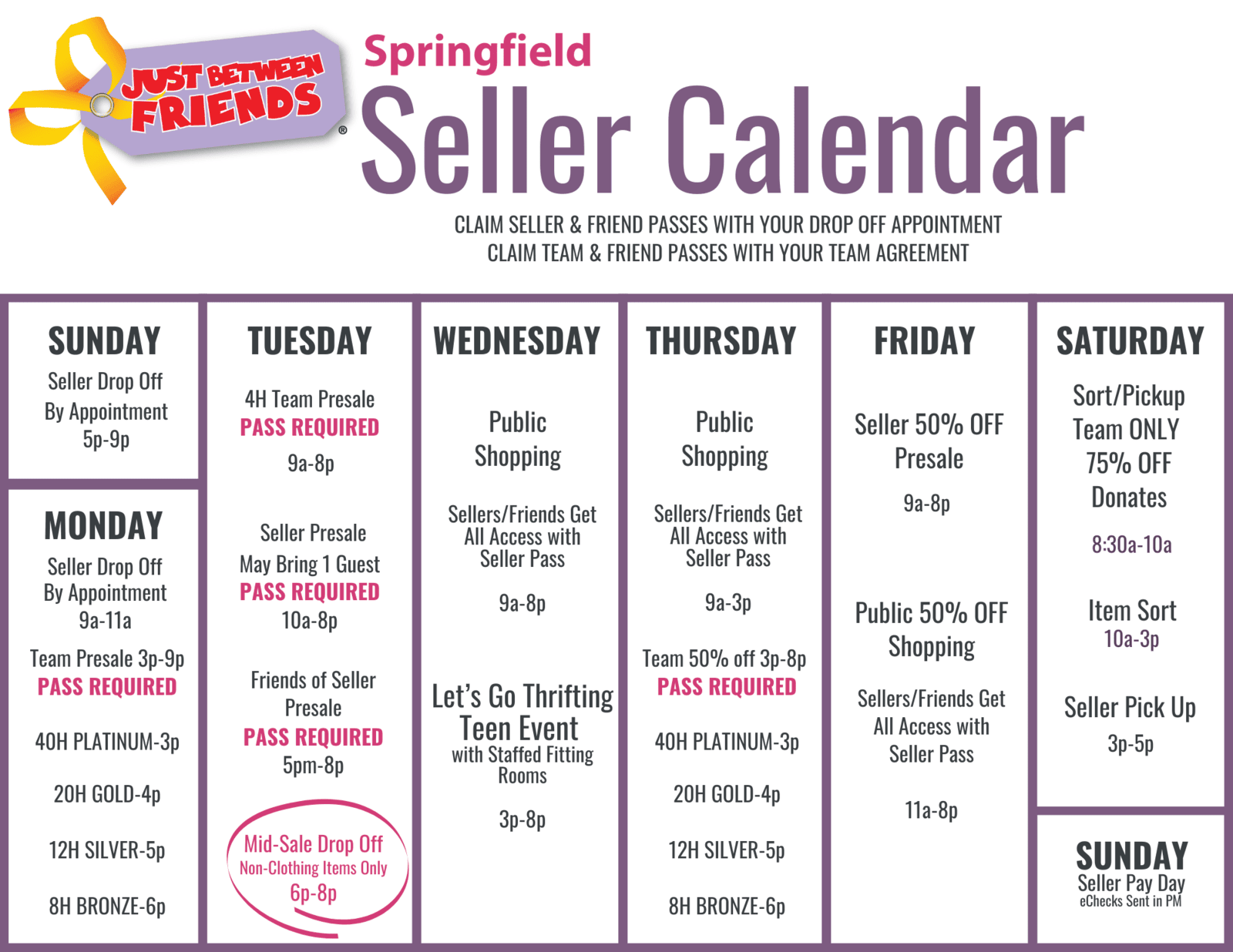 Graphic of full sale calendar. Call Annette at 417-425-7329 so that she can go over it with you.